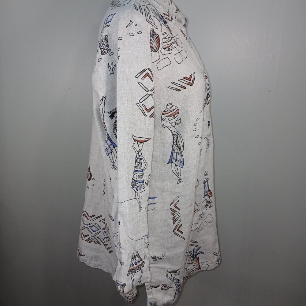 HOT COTTON BY MARC WARE LINEN TOP, SIZE PETITE LARGE, BEIGE, CARIBBEAN ARTSY - Picture 3 of 8